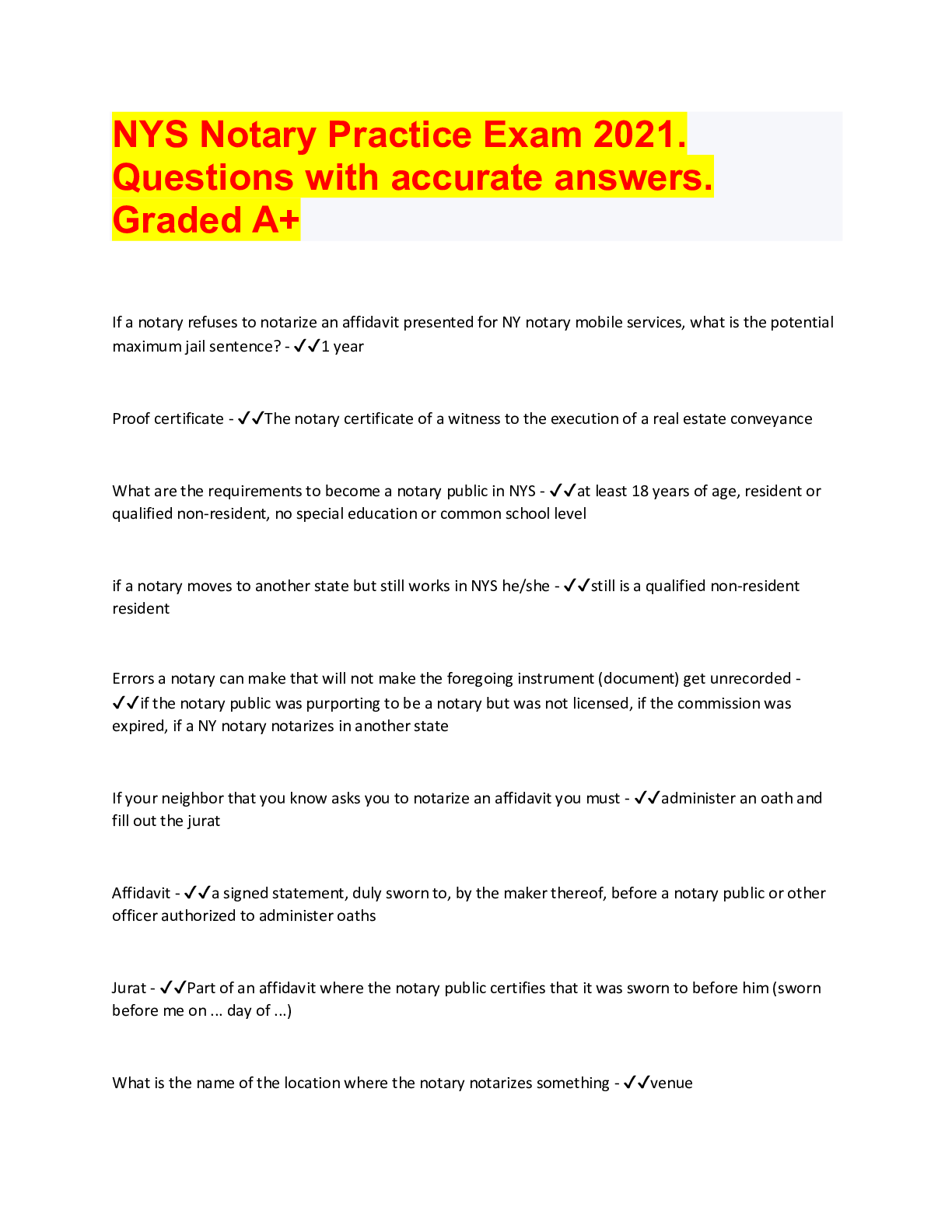 NYS Notary Exam Study guide. Questions with accurate answers , rated A+